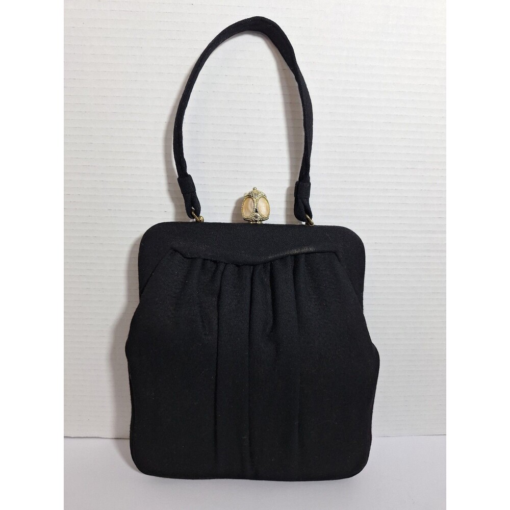 Vintage Black Fabric Frame Purse Brass Knob Clasp Tall 1950's 9" X 8" Tailored